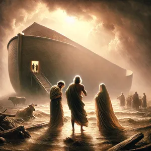 18. Toen ging Noach uit, en zijn zonen, en zijn huisvrouw, en de huisvrouwen zijner zonen met hem.