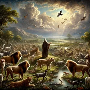 2. En de schrik voor u en de angst voor u zal zijn over al de dieren van de aarde, en over al de vogels van de hemel; met alles wat over de aardbodem kruipt en met al de vissen van de zee: zij zijn in uw hand gegeven.